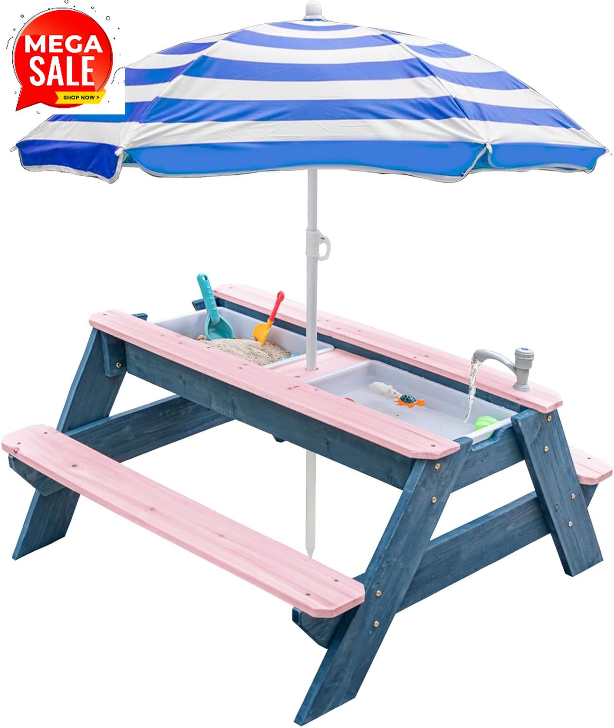 Kids Outdoor Table With Umbrella - Kids 3-in-1 Sand & Water Table,