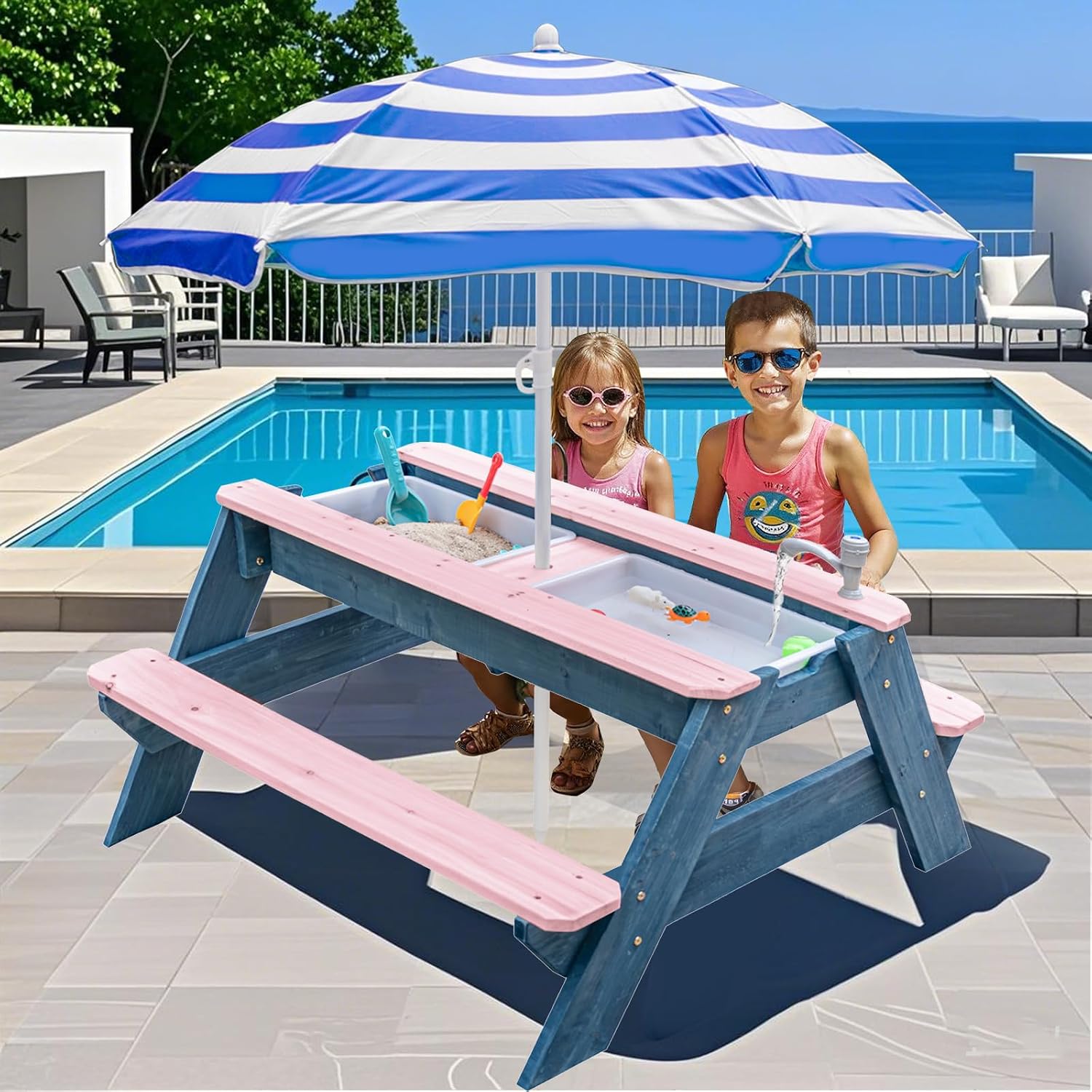 Kids 3-in-1 Sand & Water Table - Kids Outdoor Table With Umbrella recension och pris