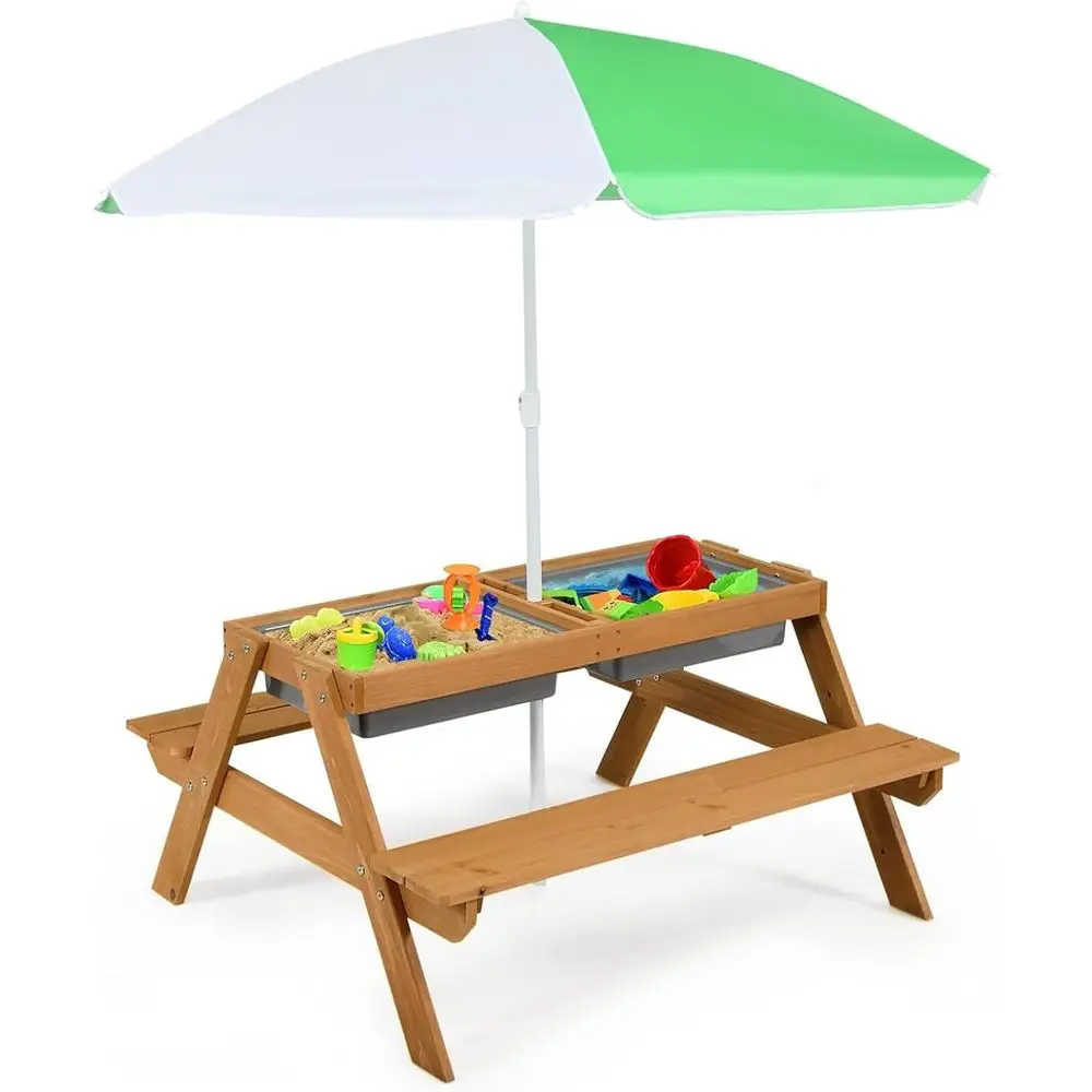 4-in-1 Wooden Sand & Water Pic - Kids Outdoor Table With Umbrella recension och pris