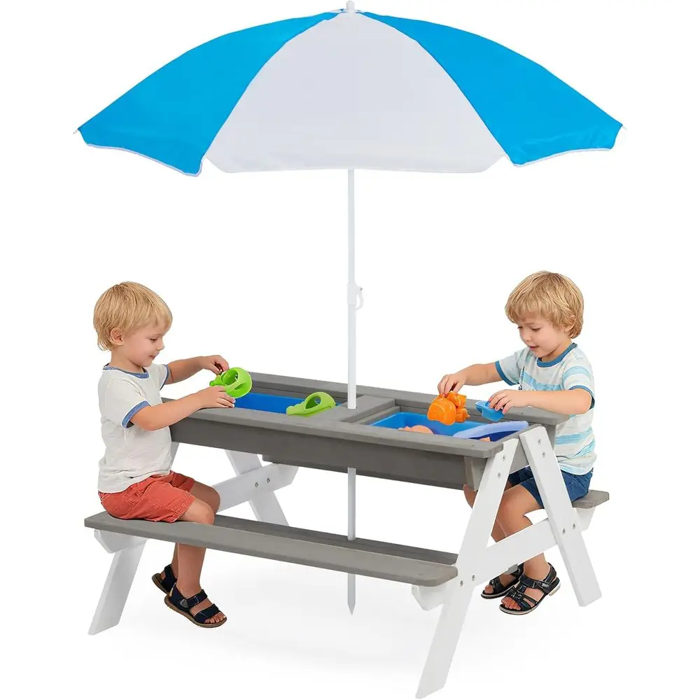 Convertible 3-in-1 Wooden Picn - Kids Outdoor Table With Umbrella recension och pris