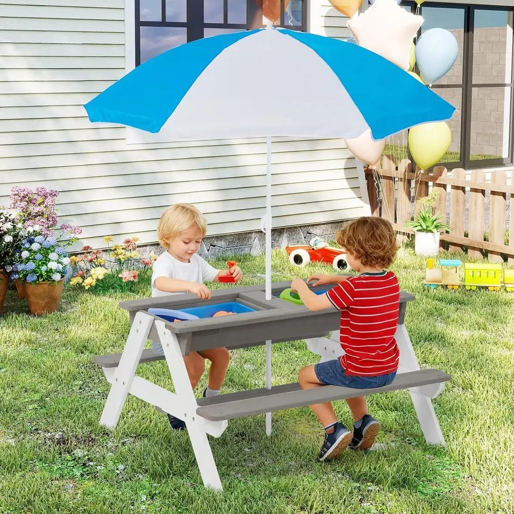 Convertible 3-in-1 Wooden Picn - Kids Outdoor Table With Umbrella recension och pris