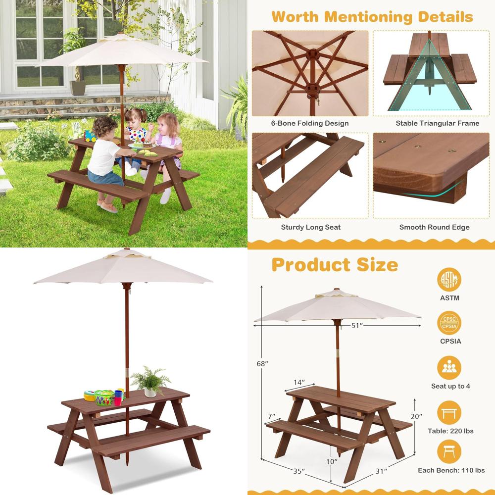 Durable Wooden Kids Picnic Tab - Kids Outdoor Table With Umbrella recension och pris