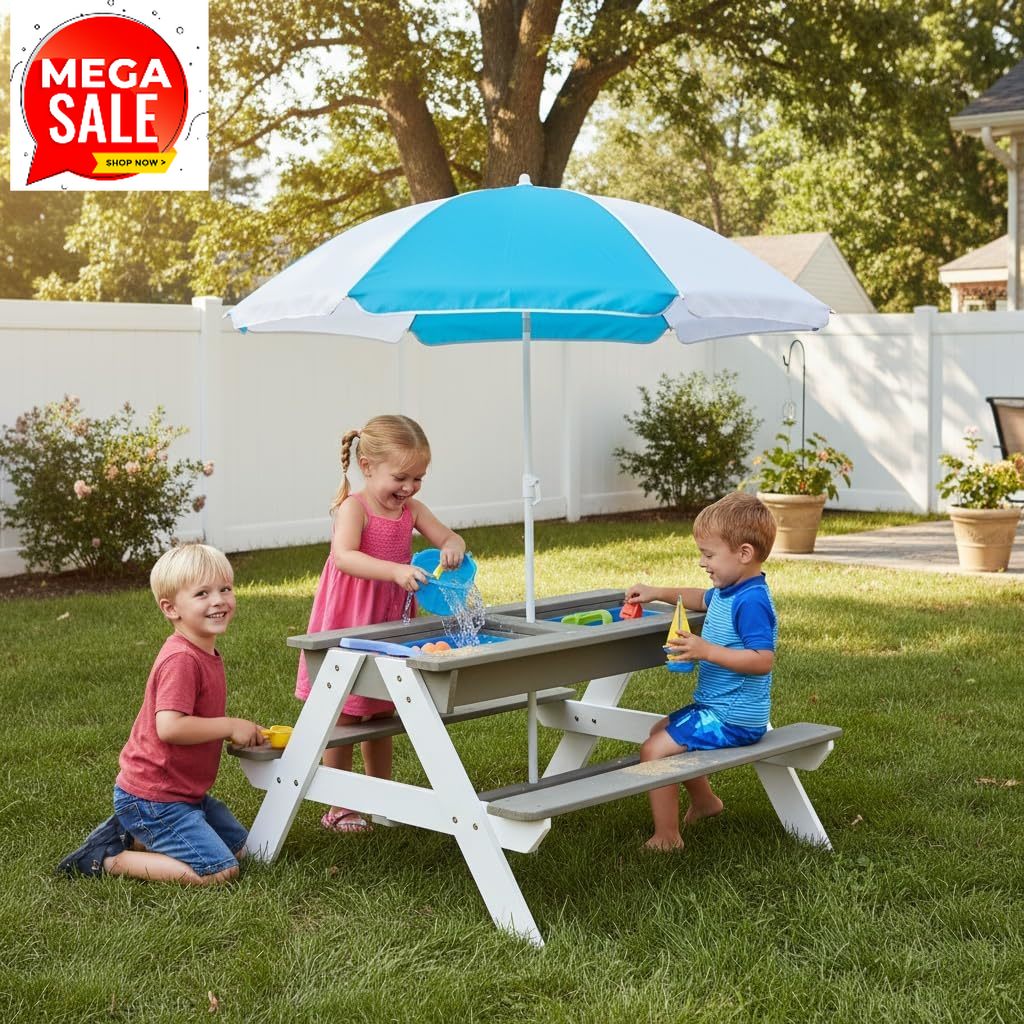 Kids Picnic Table, 3-in-1 Wood - Kids Outdoor Table With Umbrella recension och pris