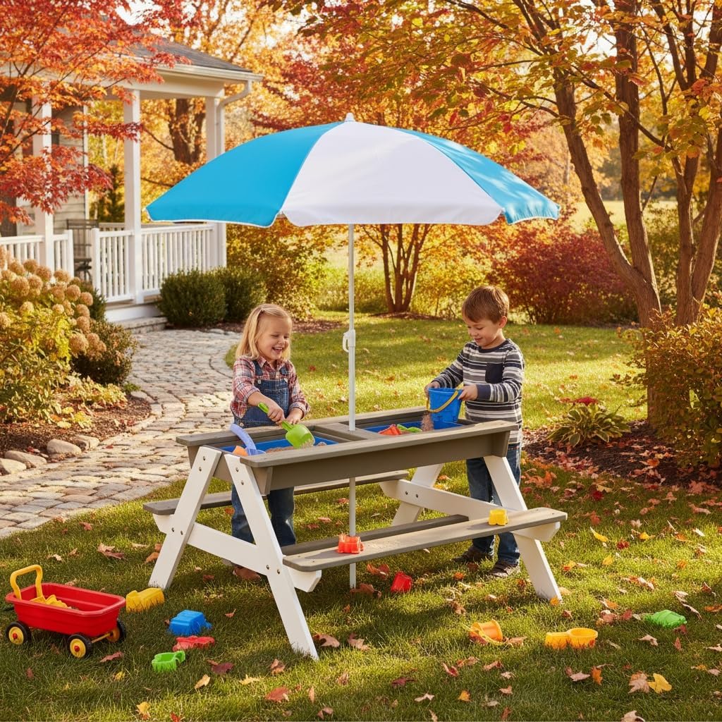 Kids Picnic Table, 3-in-1 Wood - Kids Outdoor Table With Umbrella recension och pris
